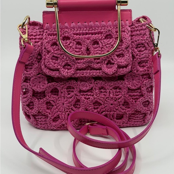 Hot Pink Crochet Crossbody Bag with Gold Handle handmade crochet bag - Picture 6 of 10